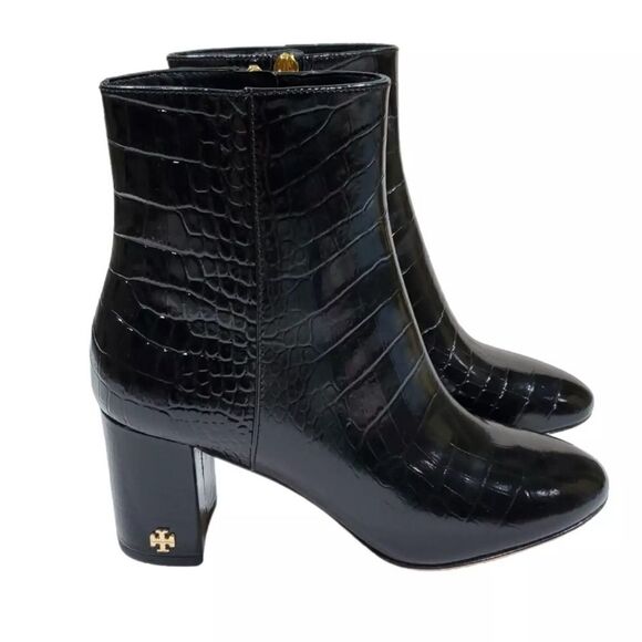 Tory Burch Brooke 70 MM Booties Croc Embosssed Black Ankle Boots - Picture 13 of 15